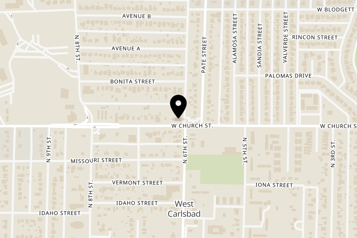 Map showing the location of Hot cuban pizza on 2302 W Church St in Carlsbad